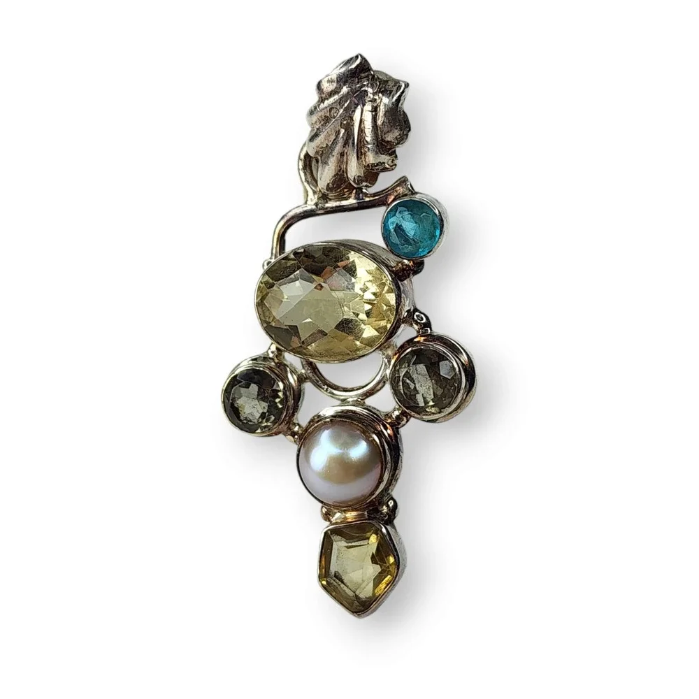Vintage Pendant Sterling Silver 925 Citrine Topaz Aquamarine Pearl Gem